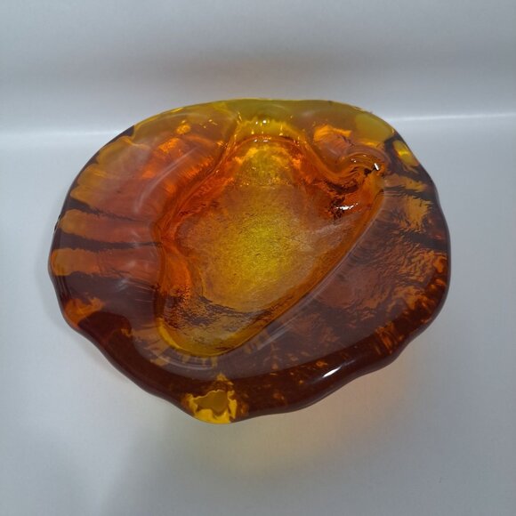 Blenko Free Form Ashtray 6.5"x 2"  Amber Art Glass Heavy Modernist Amoeba Blob - Picture 7 of 16